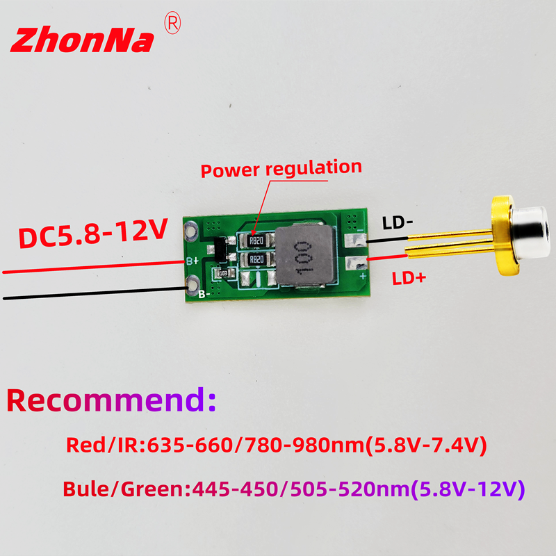変圧器保護ダイオード付きレーザーダイオード駆動回路基板、DC 5.8-12V入力、450nm 520nm 638nm 808nm 980nm用