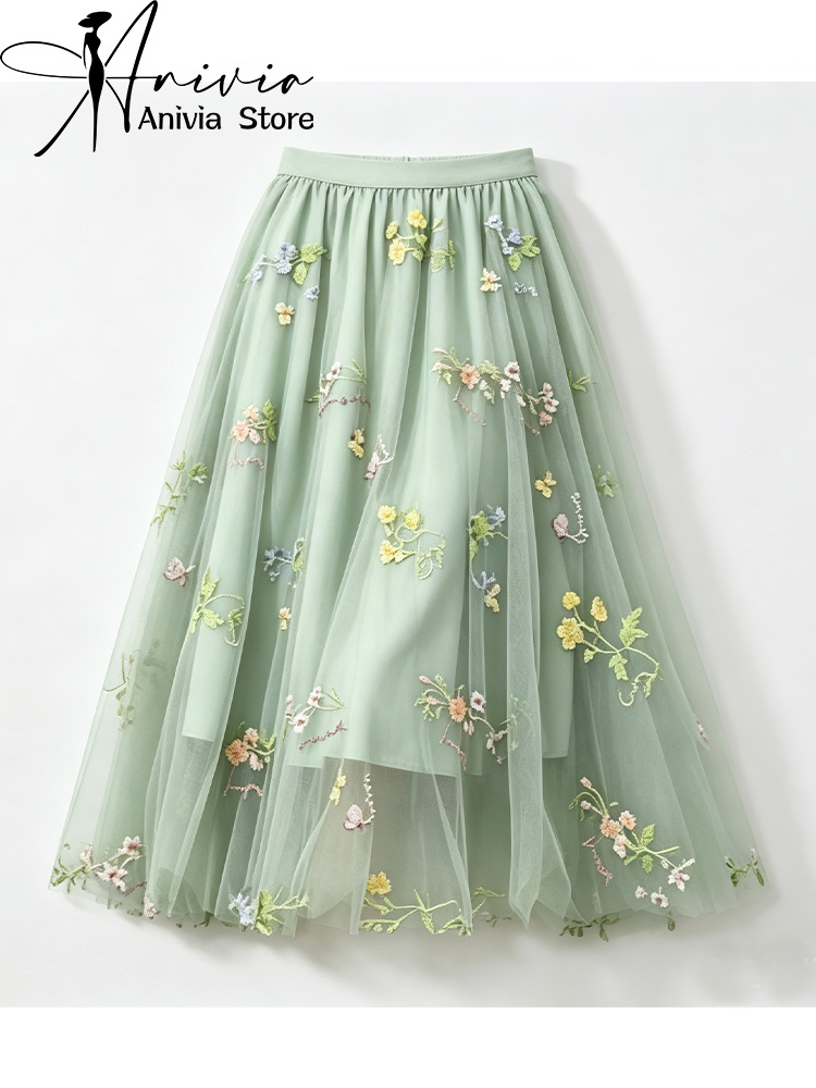 女性の花の刺繍メッシュカジュアルパンツフレンチエレガントなファッション 2000S ハイストリート美的レトロスカートロングドレス服