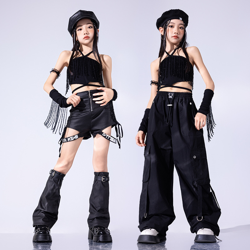Kid Hip Hop Clothing Black Halter Sequin Lace up Tank Top Cargo Pants Faux Leather Shorts for Girls Jazz Dance Costumes Clothes