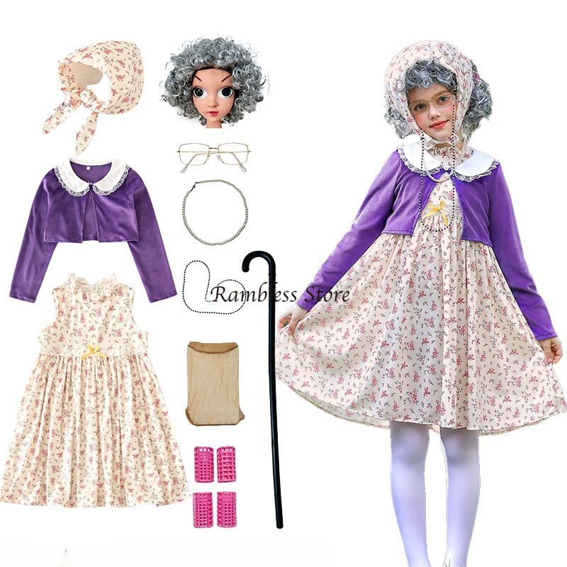 Girl Celebrating 100th School Days Funny Cosplay Costumes Granny Grandma Girl Purple Floral Old Lady Cos Dress with Cane Wig