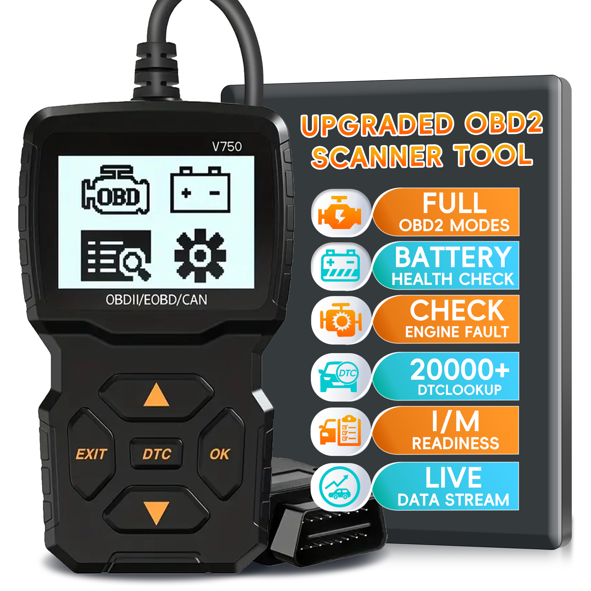OBD2スキャナ診断ツール、チェックエンジンライトカーコードリーダー（リセット機能付き）、バッテリーテスター、ライブデータ、フリーズフレーム