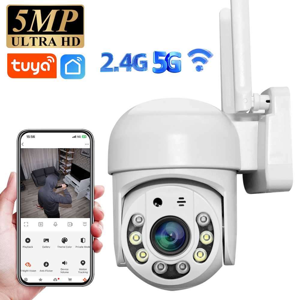 5MP HD 2.4 グラム/5 グラム Wifi IP カメラ PTZ 屋外防水ホームセキュリティ保護フルカラーナイトビジョン監視 Tuya カム