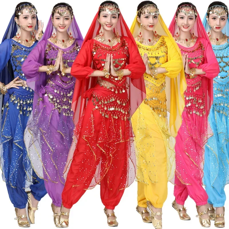 Adult Shiny Belly Dance Outfit Women Sequin Top+Pants Costume Set Lady Oriental Indian Dance Arabian Princess Clothes Outfit Set