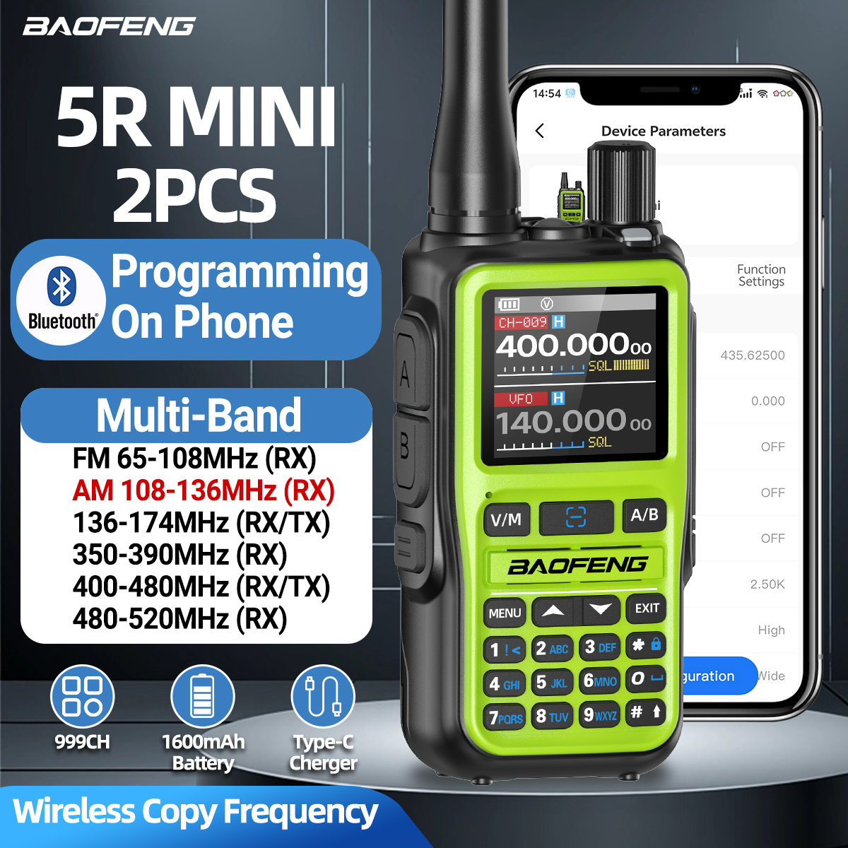 Baofeng UV 5R ミニトランシーバー Bluetooth プログラミング周波数 Type-C 充電器デュアル PTT バンド AM/FM キャンプポータブル 2 ウェイラジオ