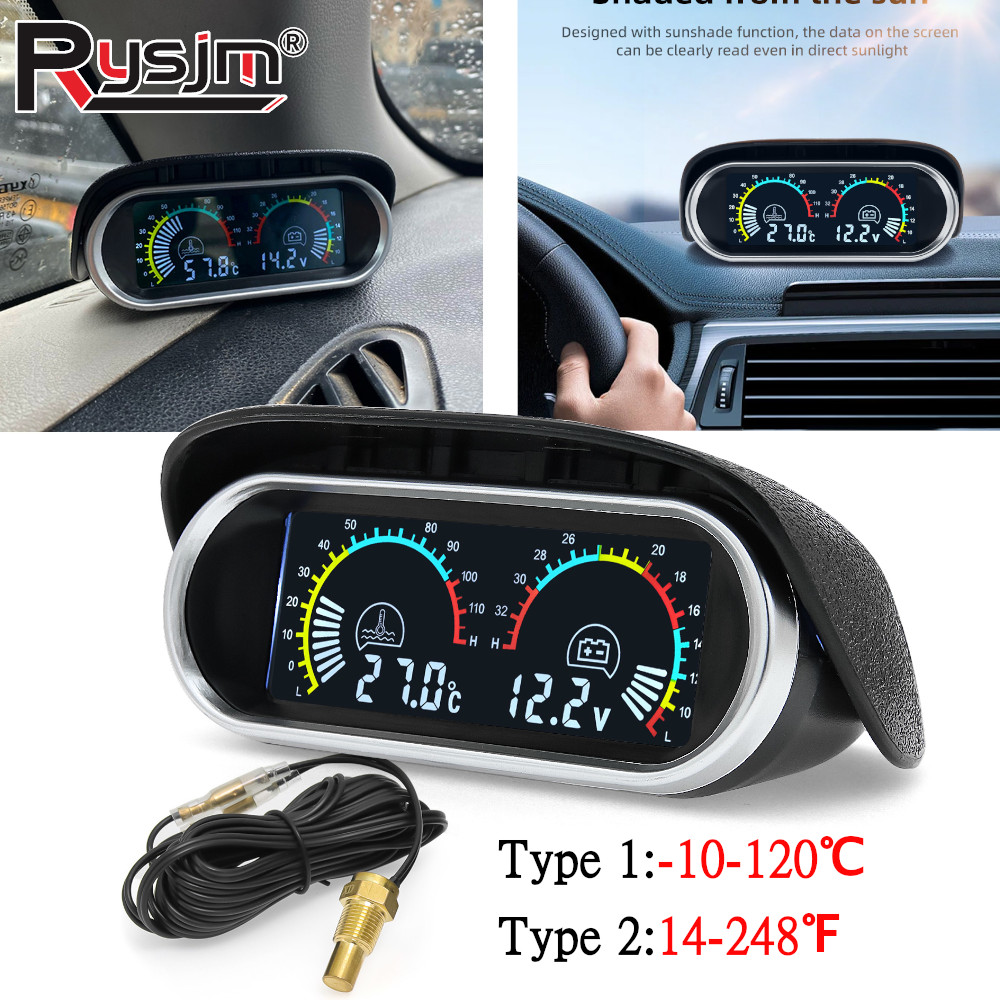 12V/24V 2 IN 1 車のトラックの LCD ゲージ水温計電圧計 1/8 NPT 温度センサー付き自動車用水温計