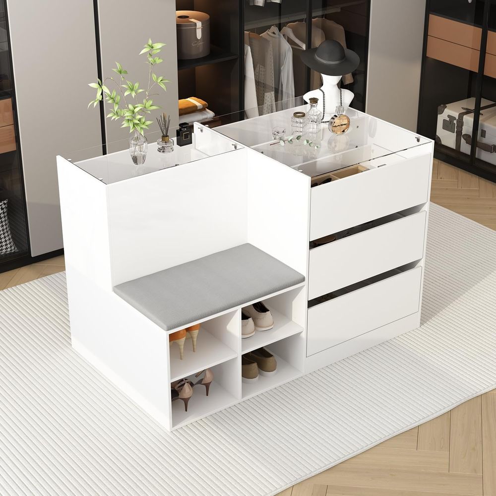 Bedroom Island Wardrobe Closet Island with 9 Drawers amp Glass Tabletop, Islands Dresser with Bench, Closet Islands for Bedroom