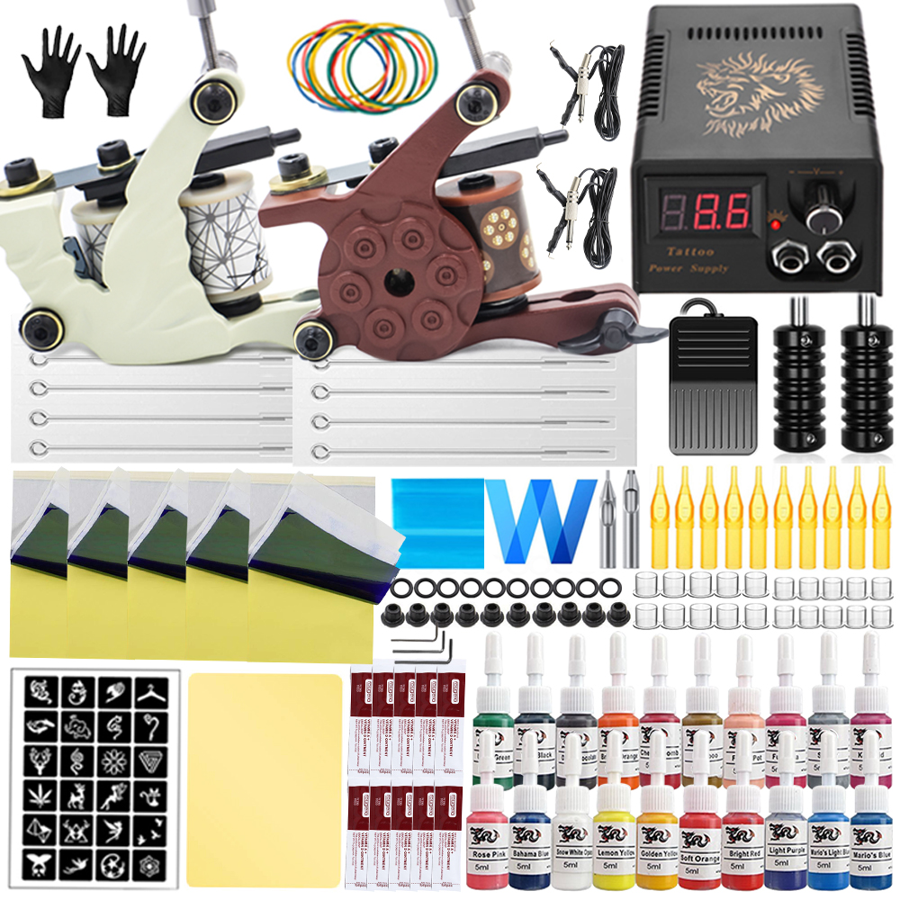 Coils Tattoo Machine Kit with LCD Tattoo Power Supply Needles Ink Accessories Set for Permanent Makeup Tattoo Kit