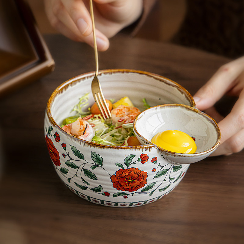 日本の花セラミックサラダボウルディップカップヴィンテージサービングボウルラーメンライスフルーツボウル手作り食器