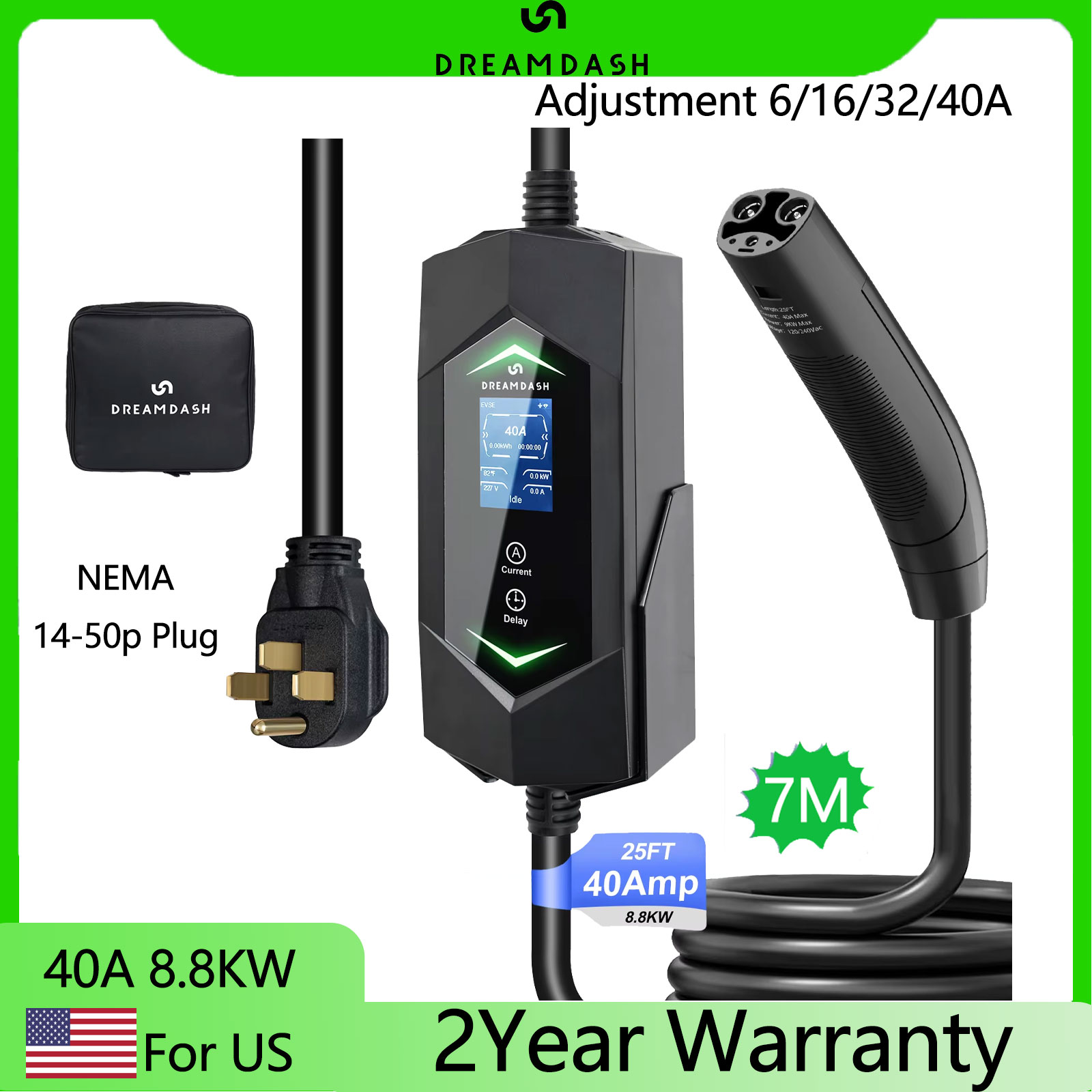 Dreamdash 40A NACS ポータブル EV 充電器 8.8KW EVSE NEMA 14-50 プラグ 7 メートルケーブルテスラモデル 3/Y/S/X Cyber​​truck