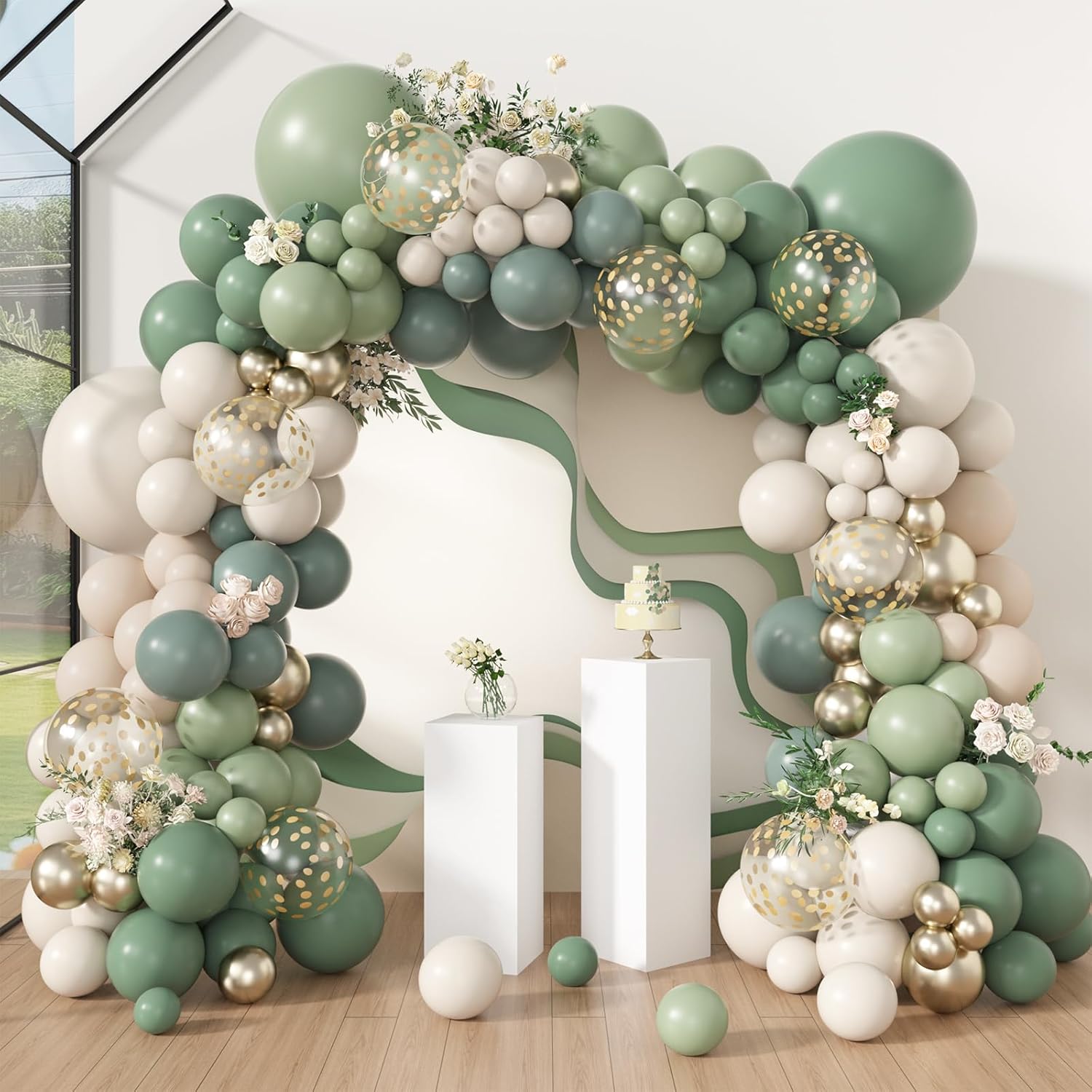 セージグリーンベージュクリームラテックスバルーンガーランドアーチキットボヘミアンベビーシャワー結婚式ジャングルサファリ誕生日パーティーの装飾