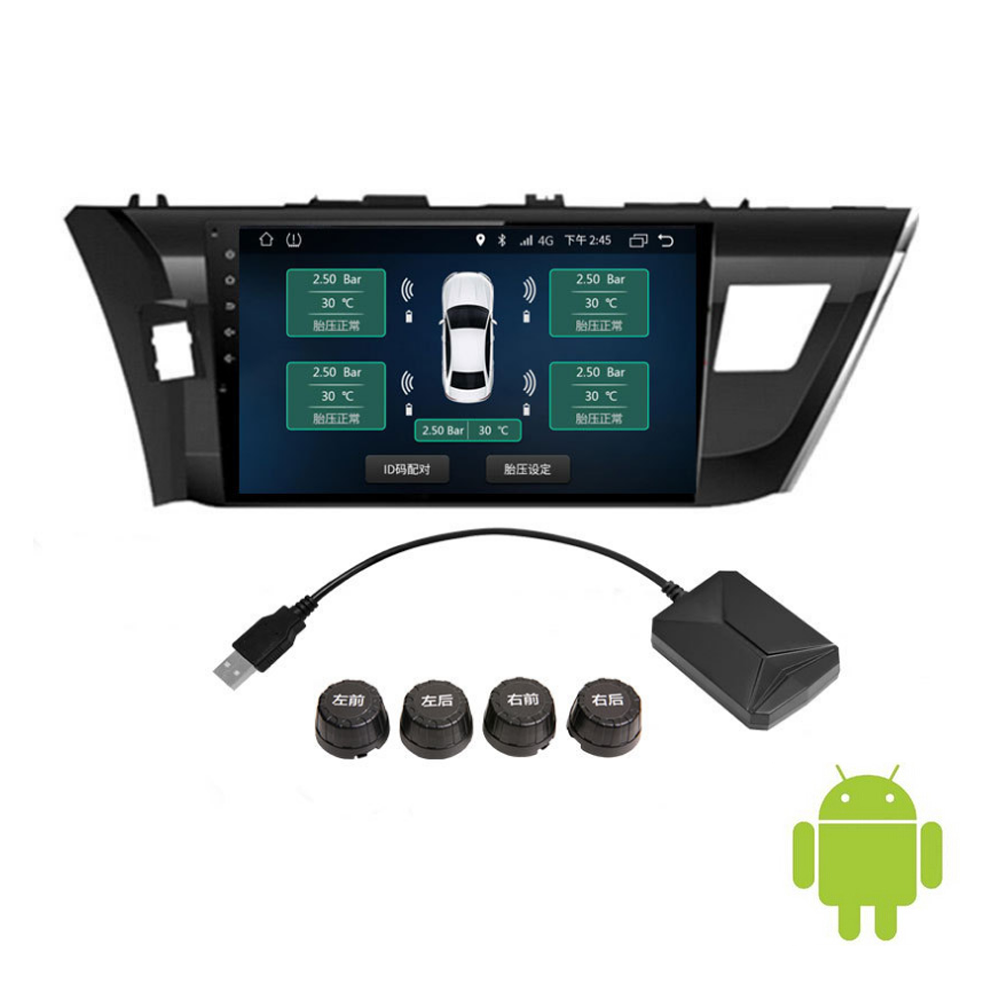 USB Android TPMS 車のタイヤ空気圧モニター 4 つの外部センサー付き監視警報システム 5V ワイヤレス