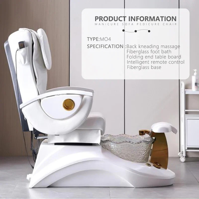 高級ペディキュアチェア、マニキュアサロン用リクライニング家具、フットスパ機器、ホワイト/ゴールドマニキュア