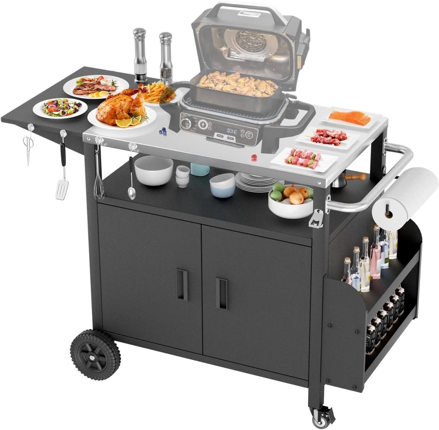 XL ホイール付き屋外グリルステーションカート、収納キャビネット、エクストラワイドステンレススチールカウンタートップ、大型スパイスラック付き