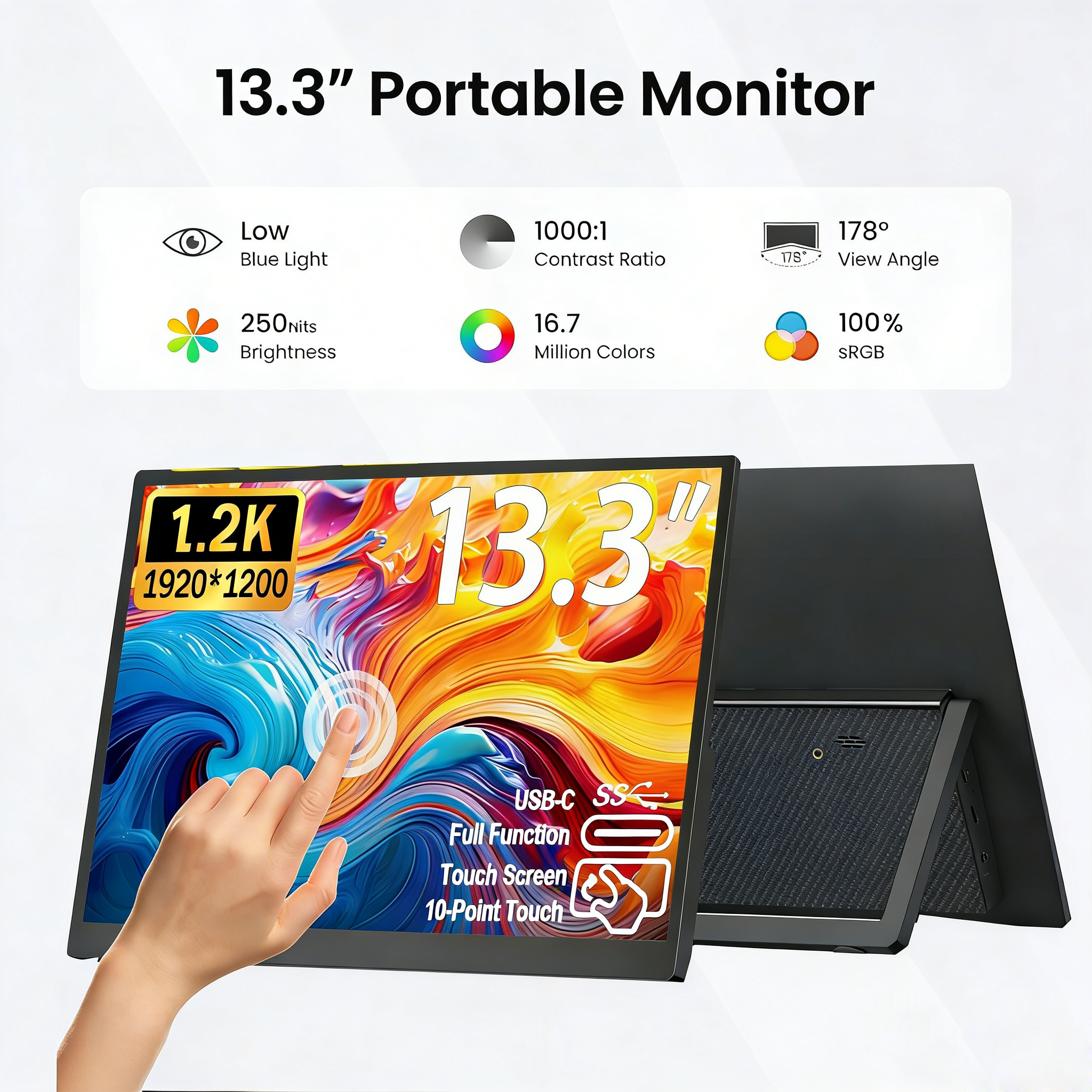 13.3 ''ポータブルタッチスクリーンモニターディスプレイ 1920*1200 16:10 IPS パネル 100% sRGB 拡張モニター携帯電話ゲーム TV ボックス