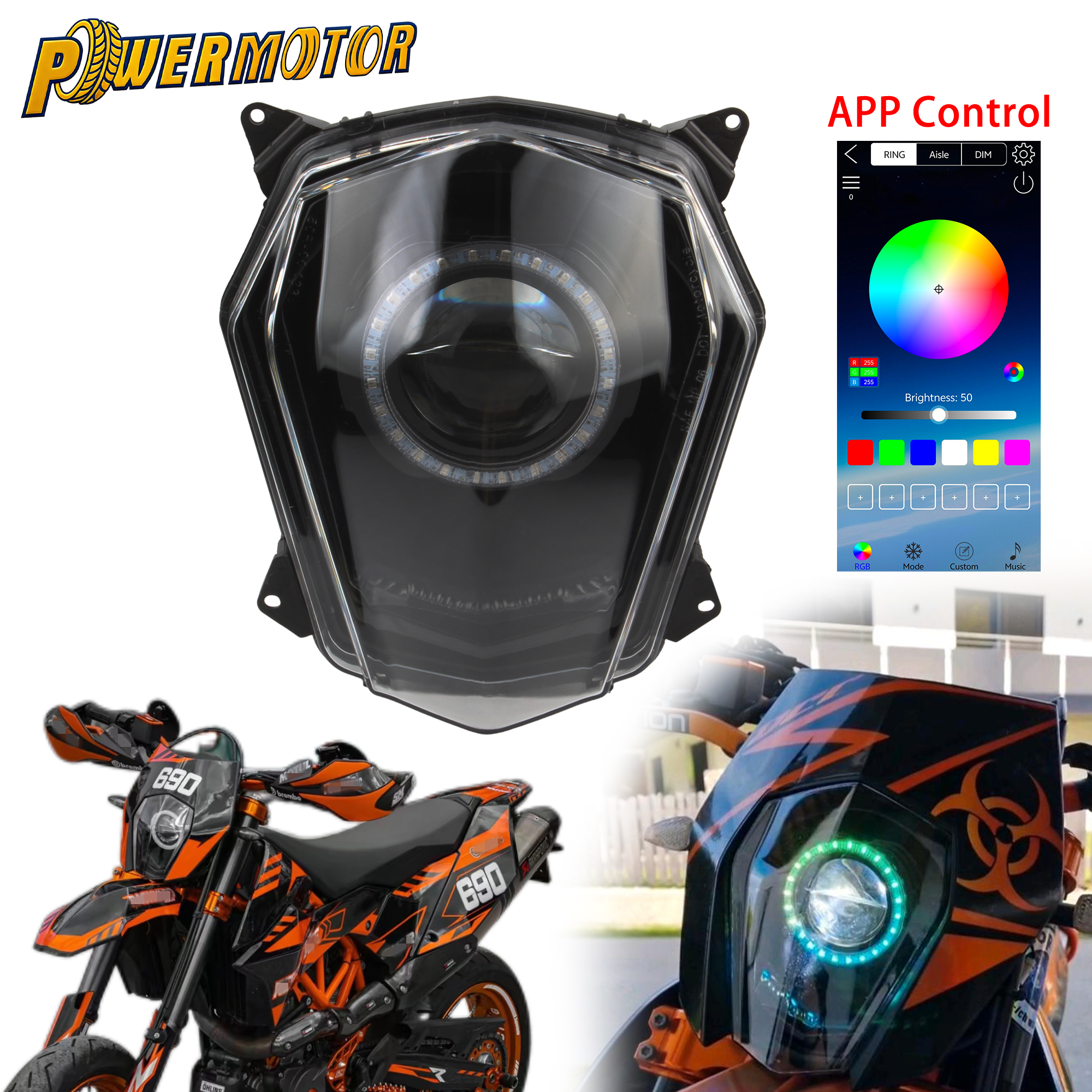 KTM SMC SMCR 690 2008-2017 オートバイ LED エンジェルアイヘッドランプスーパーモトアプリ制御ヘッドライトダートバイクモトクロス修正された