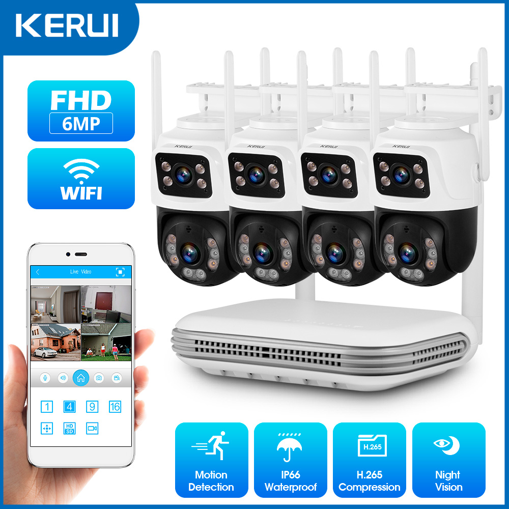 KERUI 6MP HD デュアルレンズ WIFI IP カメラ 8CH NVR ワイヤレスホームセキュリティカメラシステムキット監視 CCTV ナイトビジョン