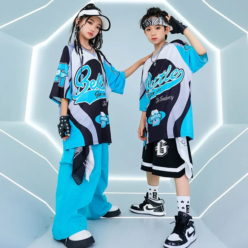 新しい夏のティーンルーズブルー Tシャツパンツ黒ショーツボーイズヒップホップ衣装モダンジャズダンス衣装ガール Kpop パフォーマンス着用
