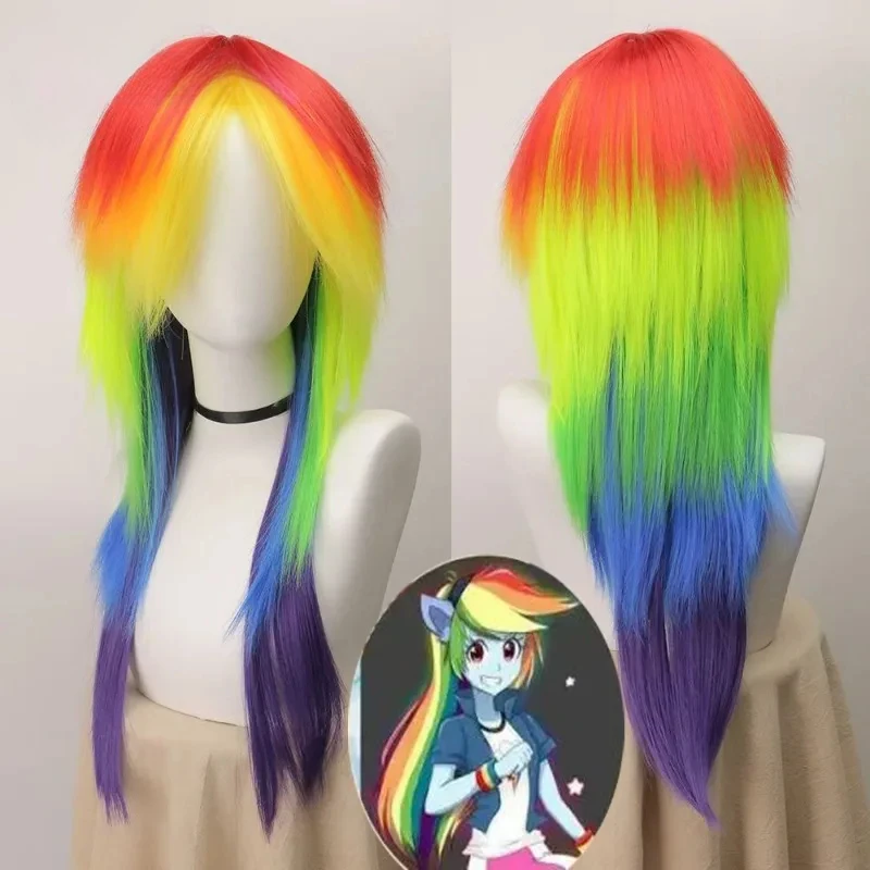 アニメポニー友人レインボーダッシュコスプレウィッグオンブルカラフルな合成ロングストレートウィッグかわいい女の子ポニー漫画コーザーかつら