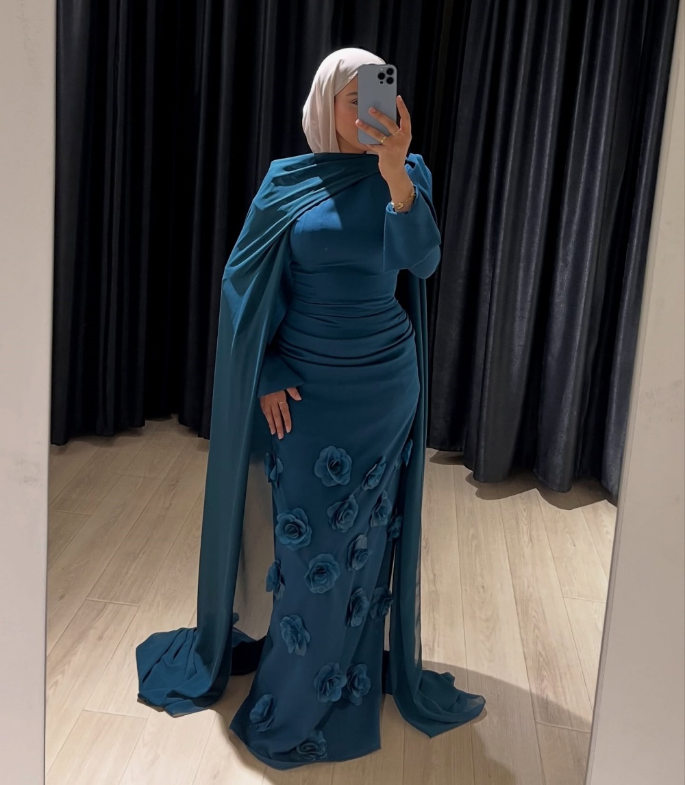 カスタマイズされたジャージーアップリケフラワーハイカラーシースロングドレスビスポークオケージョンフォーマルイブニング絶妙なサイズをご用意しています