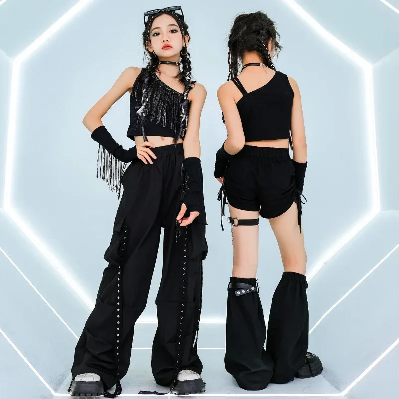 新しい女の子ジャズダンスの服セット黒トップスパンツチアリーディングダンスパフォーマンス衣装ティーンエイジャーのヒップホップストリートダンススーツ