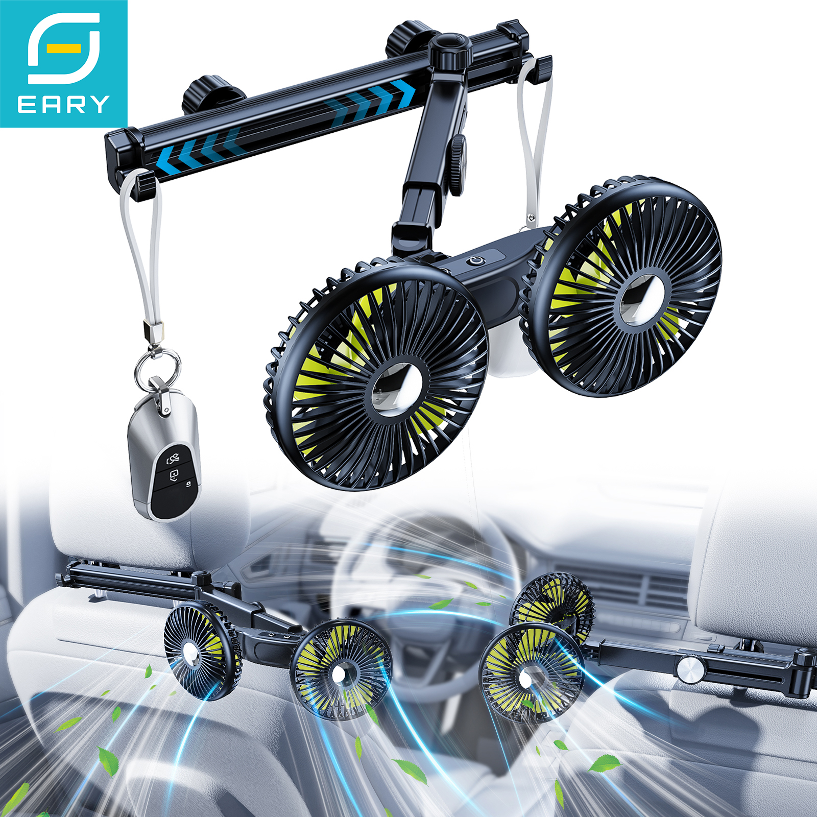 Eary デュアルヘッドカーファン 後部座席用 3 スピード USB 車リアヘッドレストファン 子供用 ベビーエクステンダーアーム 360°回転可能 空冷ファン