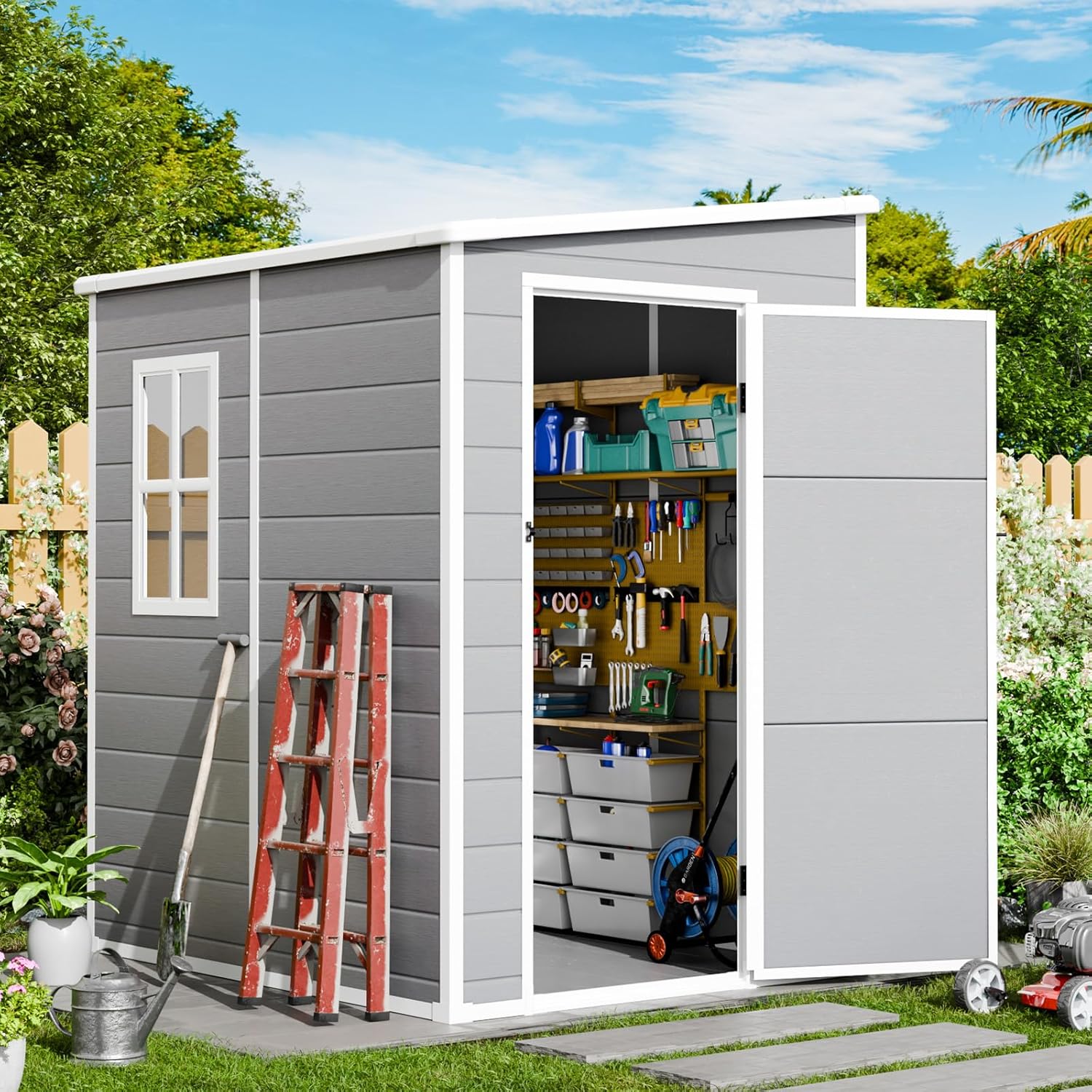 5x4フィートのプラスチック屋外収納小屋、床とロック可能なドア付き、コンパクト樹脂屋外収納キャビネット防水、庭の小屋