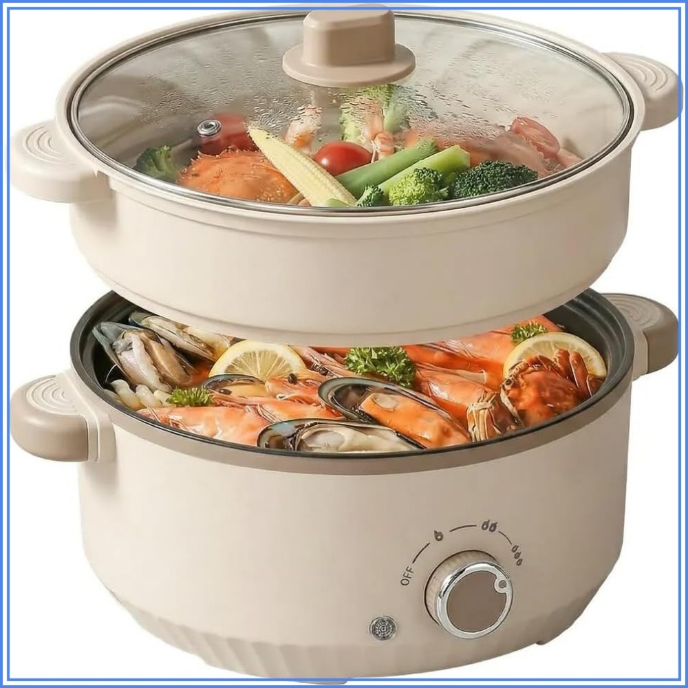 2.5L 電気鍋 スチーマーバスケット付き ノンスティック調理器 ラーメン、スープ、麺、蒸し用
