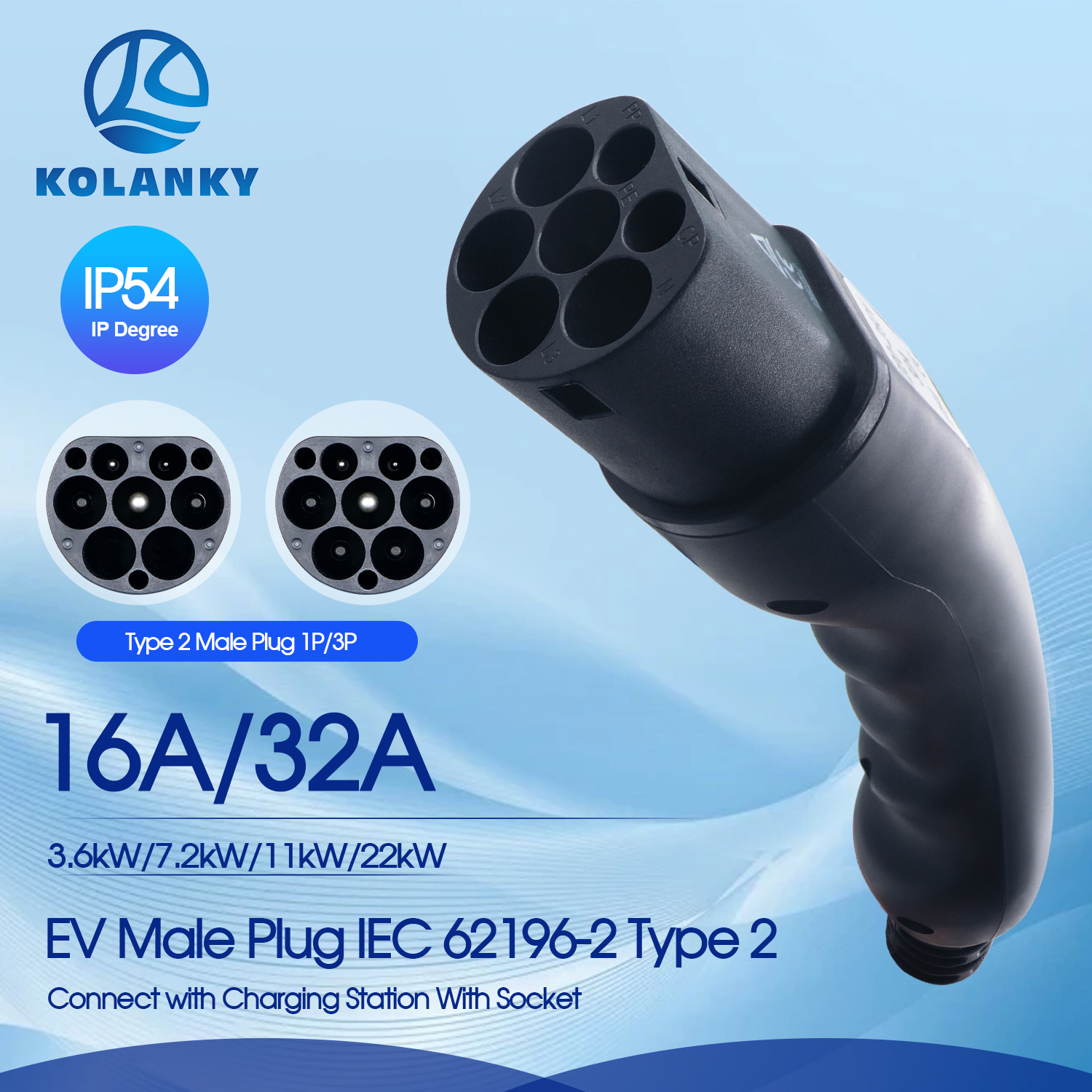 Kolanky EV プラグ タイプ 2 オス 1P/3 相充電ガンヘッド 16A/32A IEC 62196-2 EV 充電器コネクタ EV 充電ステーションに接続