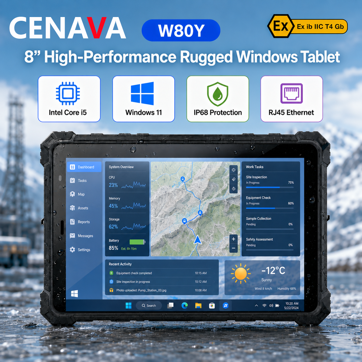 CENAVA W80Y 8 インチ IP68 頑丈な Windows 11 タブレット Intel Core i5-10210Y RJ45 GPS 低電力産業用タブレット PC カスタマイズ 5G