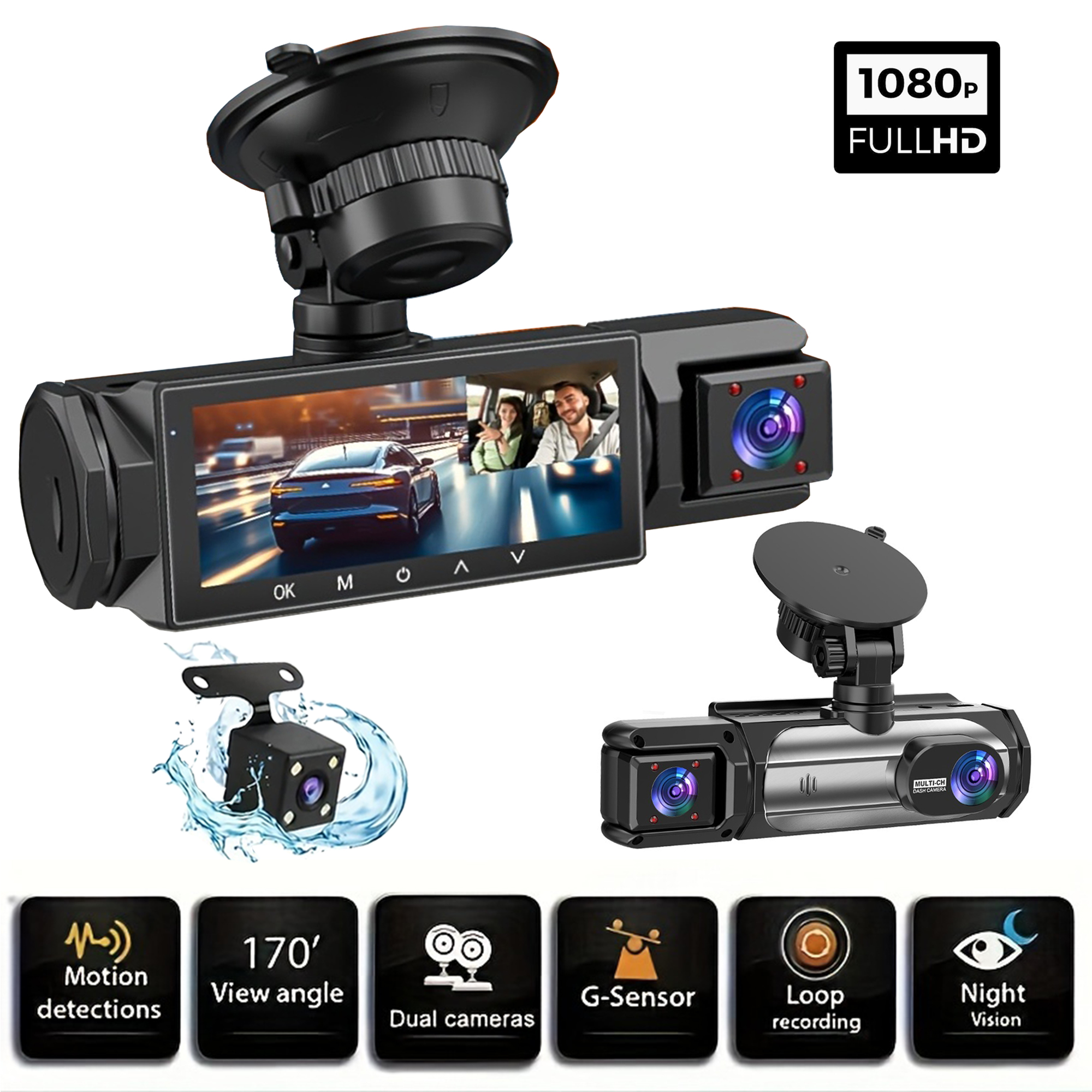 3 カメラダッシュカム 1080P フロントとリアビューカメラナイトビジョン駐車 Monit 車 DVR 3way 車ビデオレコーダーギフト付き