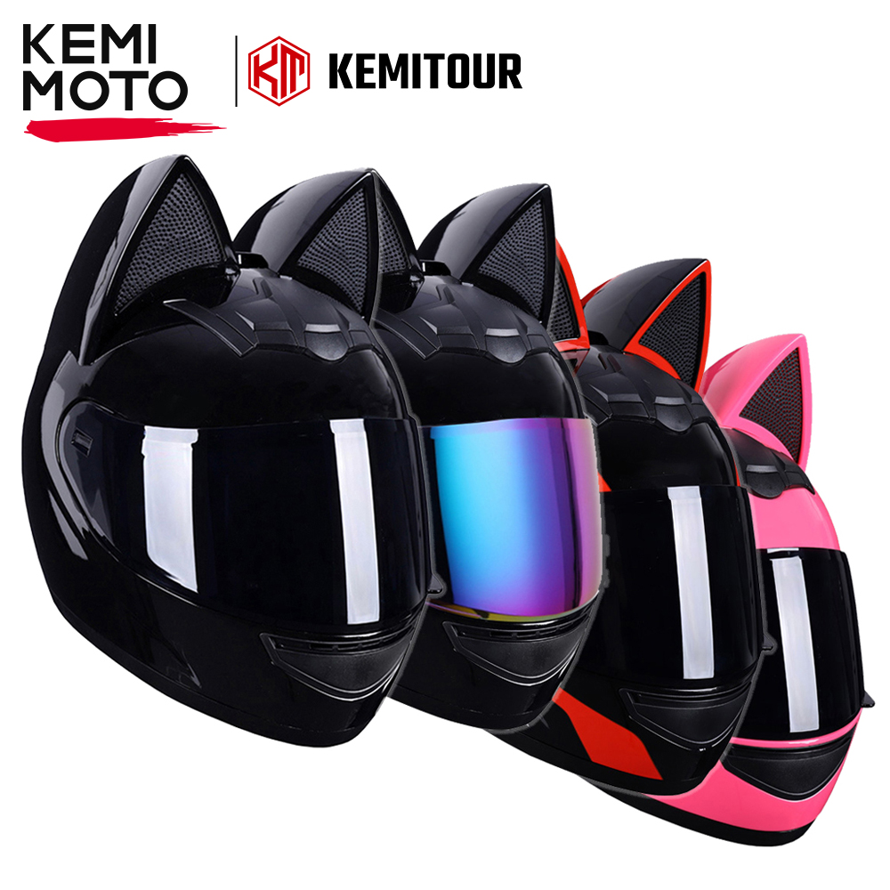 KEMIMOTO フルフェイスオートバイヘルメット猫耳女性モトクロスバイク男性のモトヘルメット通気性ドットガールフレンドギフト