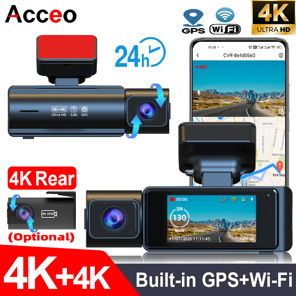 Acceo 4K カーダッシュカム 内蔵 WiFi および GPS サポート 4K リアカメラ デュアルチャンネル WDR カーレコーダー ナイトビジョン 24H 駐車モード
