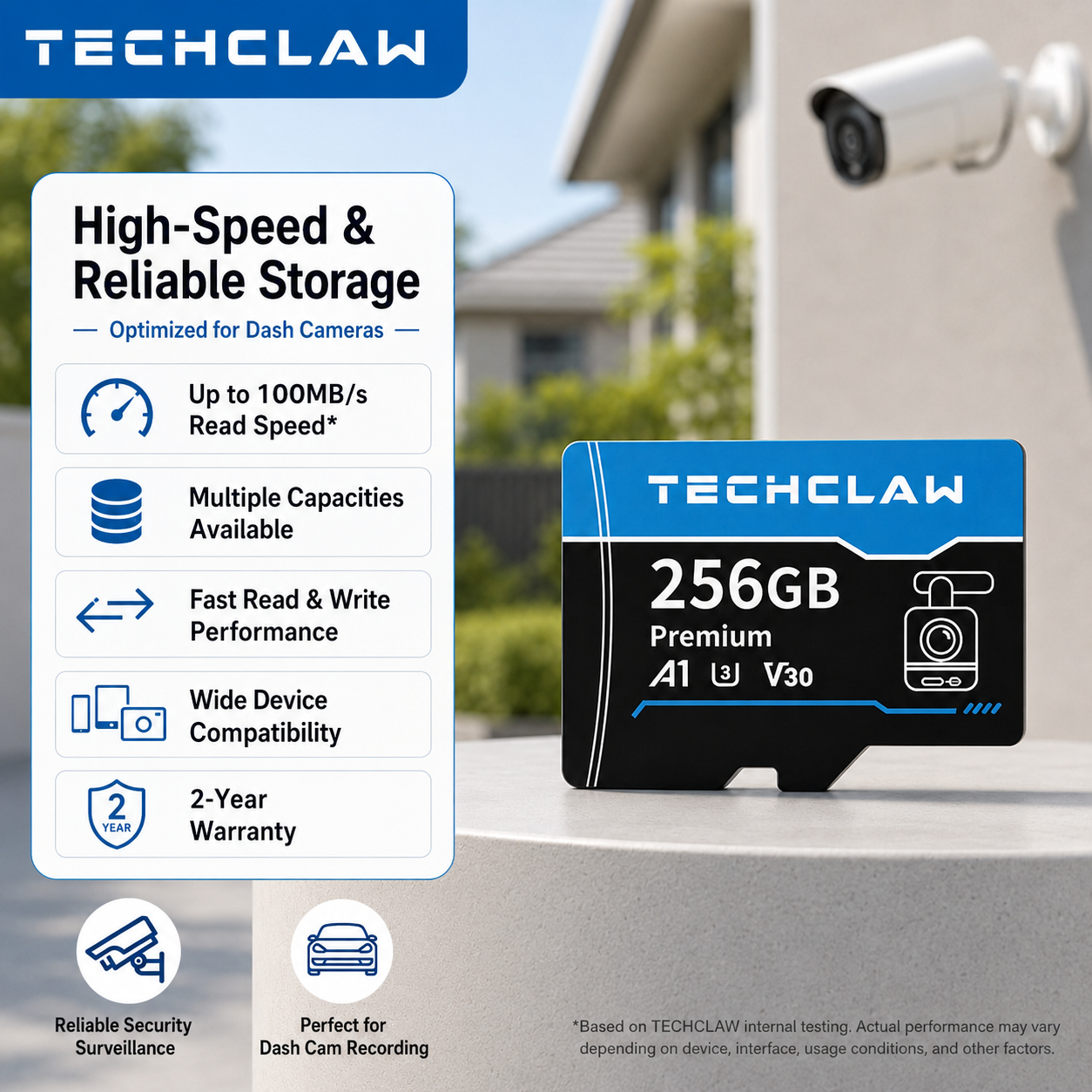 TECHCLAW 4K Micro SDカード（ダッシュカム、セキュリティカメラ、DJI Pocket Sportsカメラ、U3 A1 V30対応、高速TFメモリーカード、32GB/64GB）