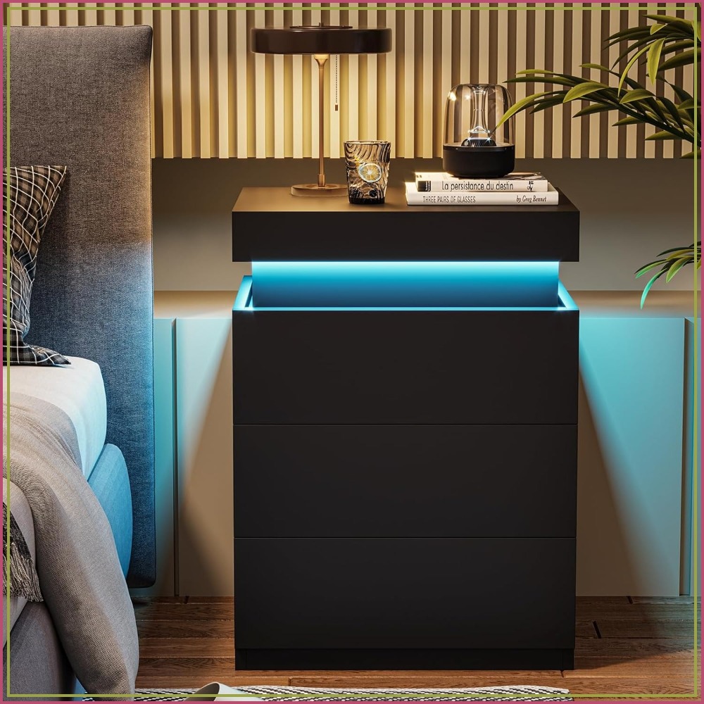 LEDナイトスタンド、充電ステーション、スライドトップ、引き出し付き、モダンなベッドサイドテーブル、ブラック