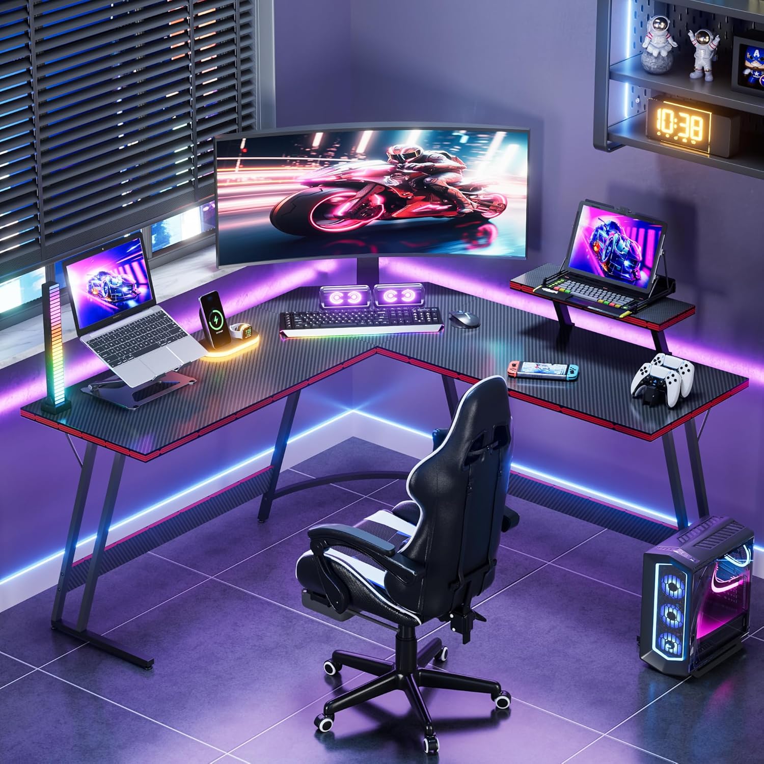 L字型ゲームコンピュータデスクコーナーPCテーブル大型モニターライザースタンドホームオフィス頑丈なワークステーション51インチ、カスタマイズ
