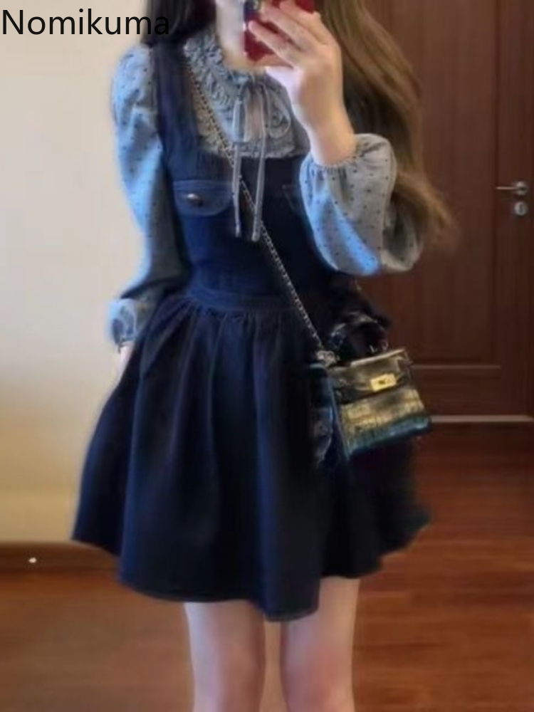 ドレス衣装女性服ツーピースセット水玉包帯長袖シャツボウデニムドレススーツファッション韓国甘いセット