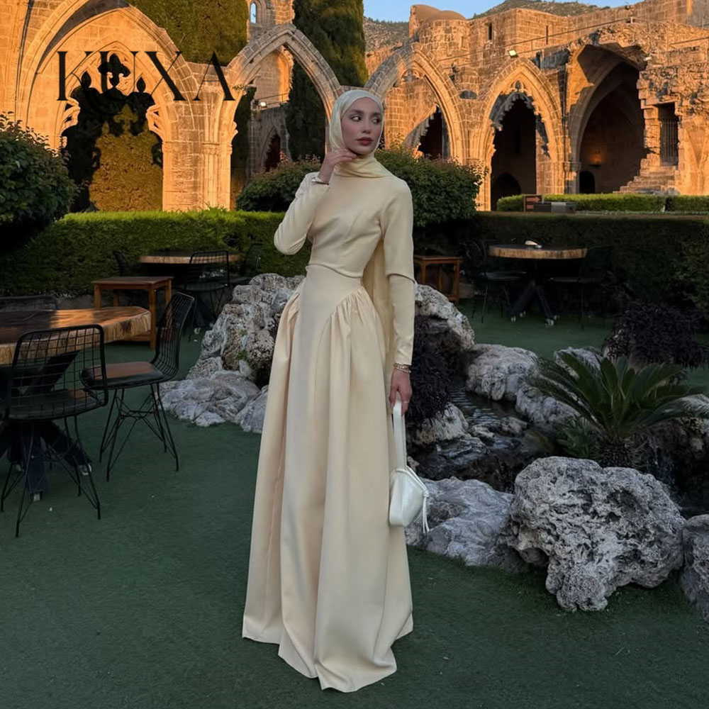 KUXA カスタマイズされた A ラインイスラム教徒のイブニングドレス床長さのプリーツ長袖 Vestido デ novia イエローフォーマルパーティードレス 026
