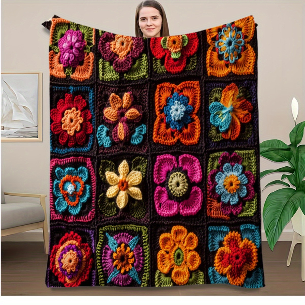 Crochet 3D Flower Print Blanket, Colorful Bohemian Afghan Knit Throw for Sofa Bed, Home Decor Gift, Cozy Decorative Blanket