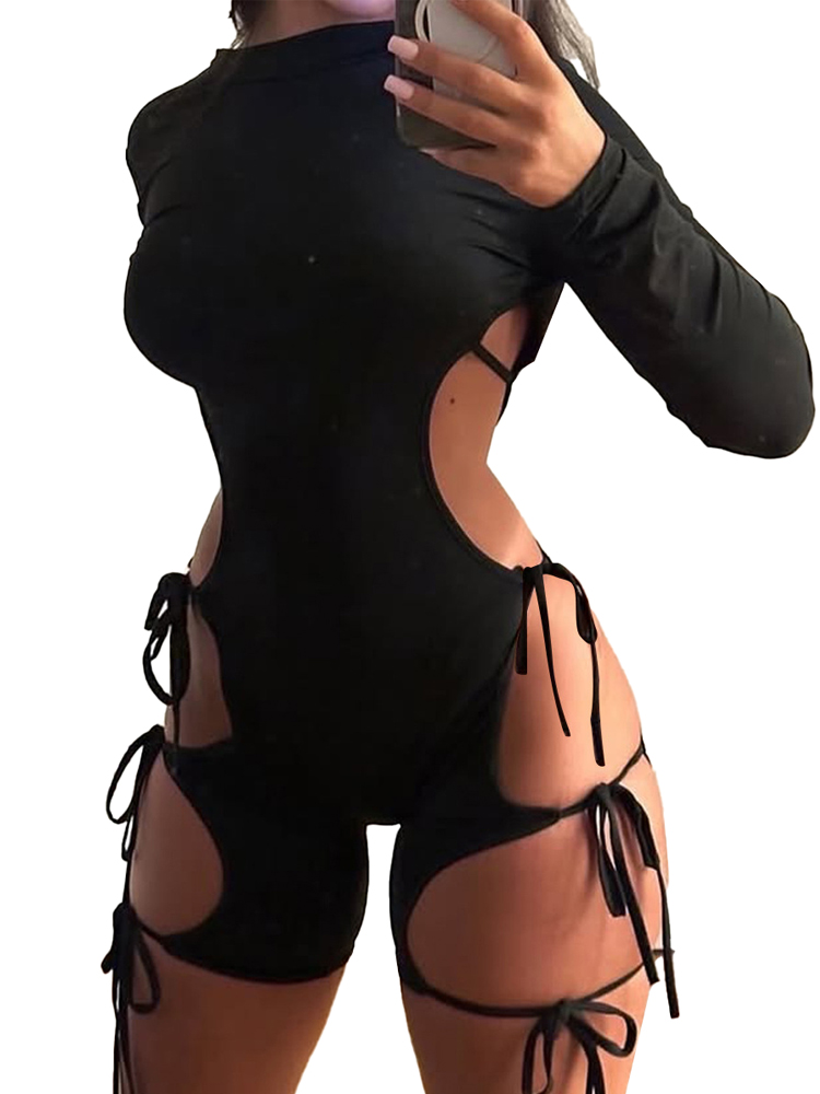Belamimi ファッションレースアップオープンバックロンパース女性中空アウトボディコンランジェリージャンプスーツ