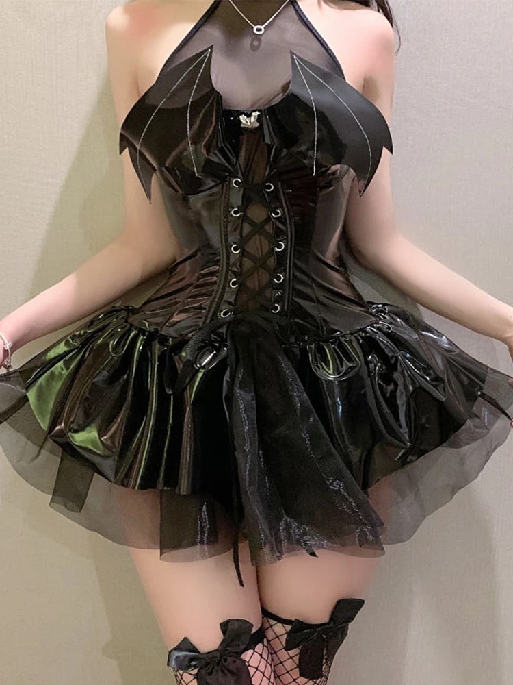 セクシーなコスプレ Pu ドレス女性原宿ストリートグランジ包帯中空アウトコウモリドレスパンク Y2k E-girl モールゴシック服