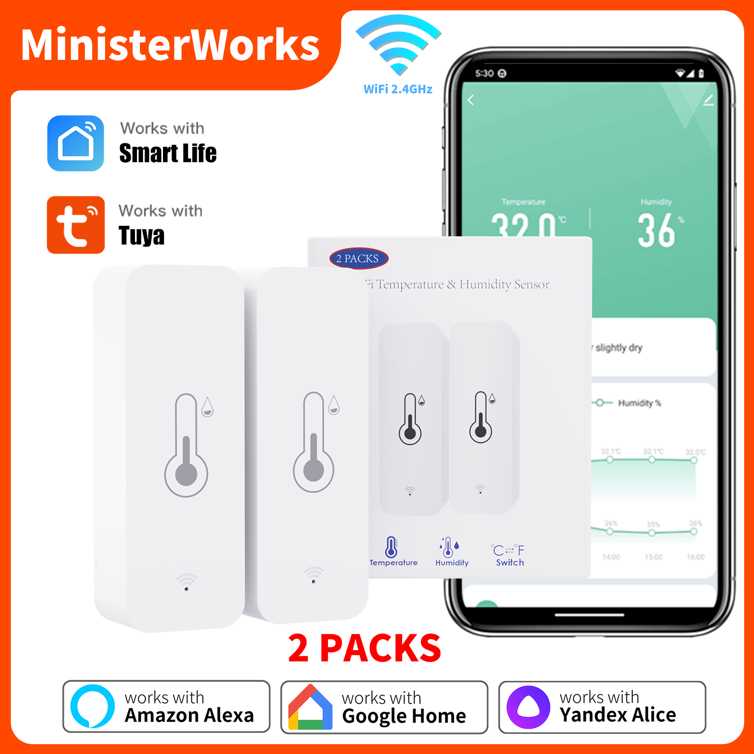 2 パック Tuya WiFi 温度と湿度センサースマートライフ APP リモコン Yandex アリス Alexa と連携