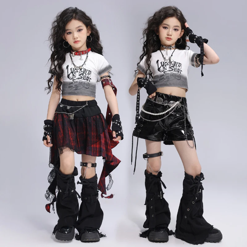 ヒップホップ女の子クールクロップトップチェック柄スカート子供ストリートゴス服セットストリートダンス Tシャツ子供ステージジャズ衣装