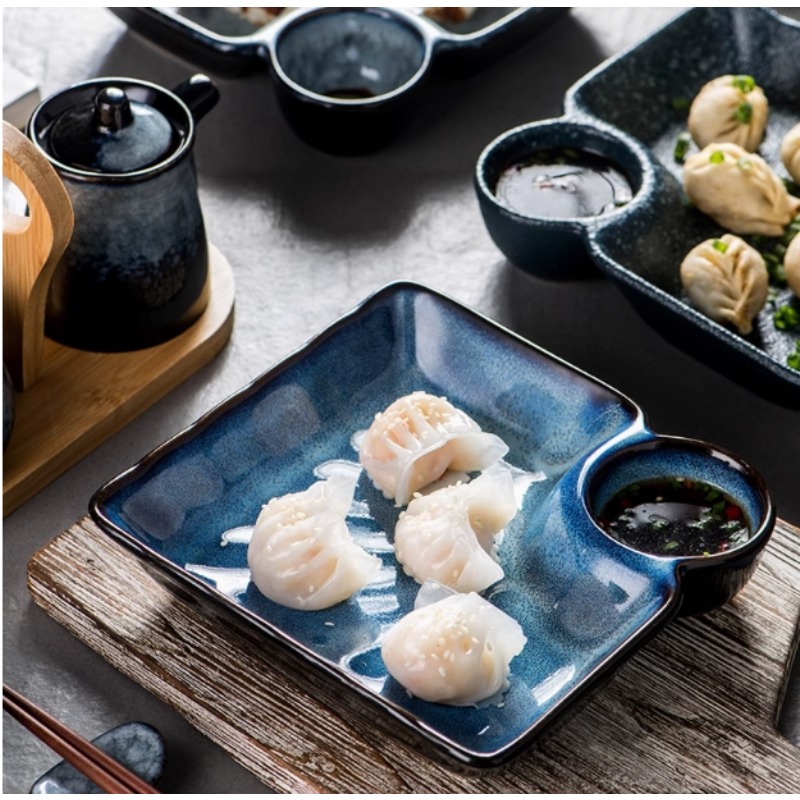 餃子プレート 酢プレート付き セラミック食器 シンプル クリエイティブ ホーム 分割寿司 エビフライ スクエアプレート
