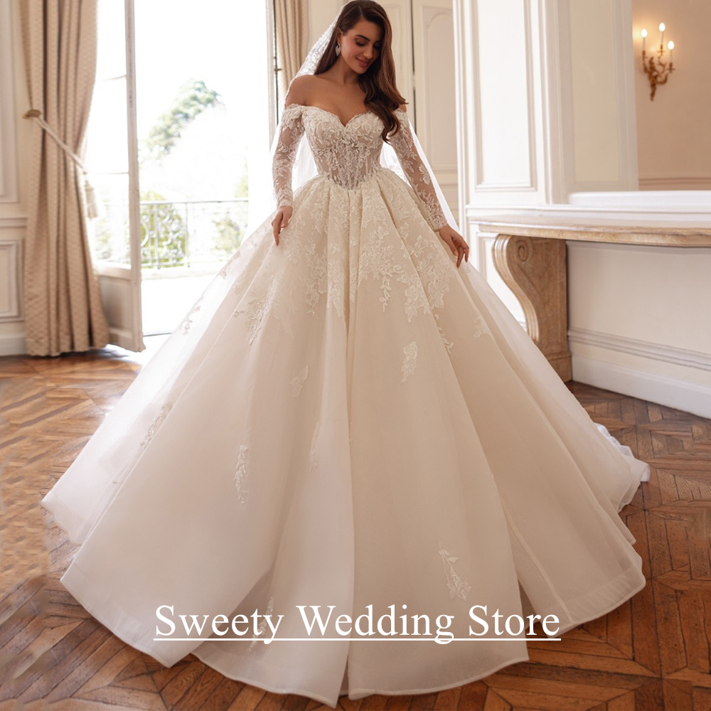 夜会服 オーガンザ ウェディングドレス Vestido De Noiva カスタマイズ長袖 V ネック レース アップリケ コート トレイン アラビアの花嫁衣装