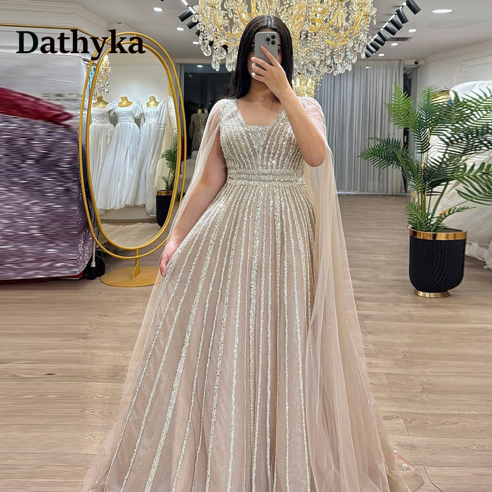 Dathyka グリッタースパンコールイブニングドレス女性のためのケープベルトイリュージョンビーズ A ラインウエディングドレス Vestido デ フィエスタ プラスカスタマイズ