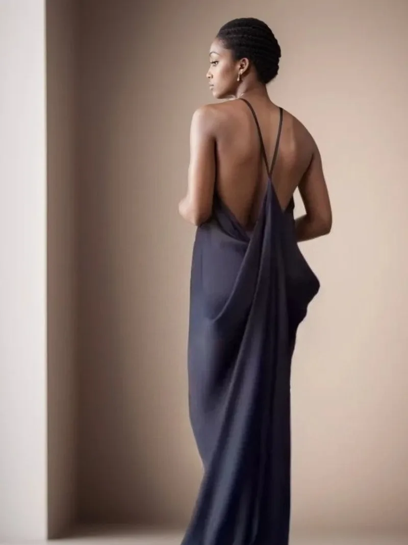 Temperament Backless Party Long Dress for Women 2025 Summer New Women Fashion Silk Texture Sleeveless Dress Women Elegant Dress