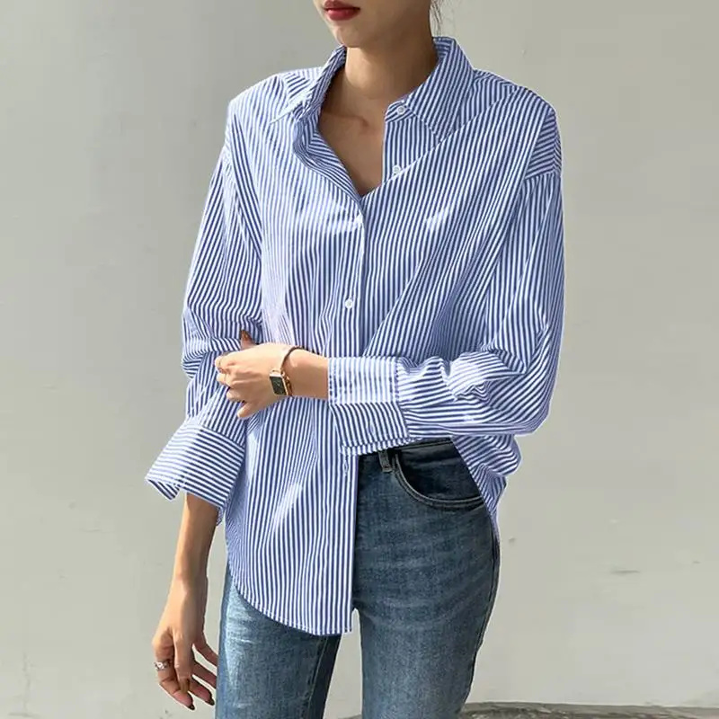 女性春夏ブラウスシャツレディースファッションカジュアル長袖ターンダウンブルーストライプ Blusas トップス