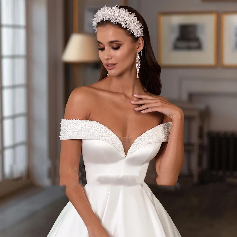 Flavinke カスタマイズされたビーズパール恋人ネックのウェディングドレスオフショルダープリンセス Vestidos De Noivas ローブマリアージュ