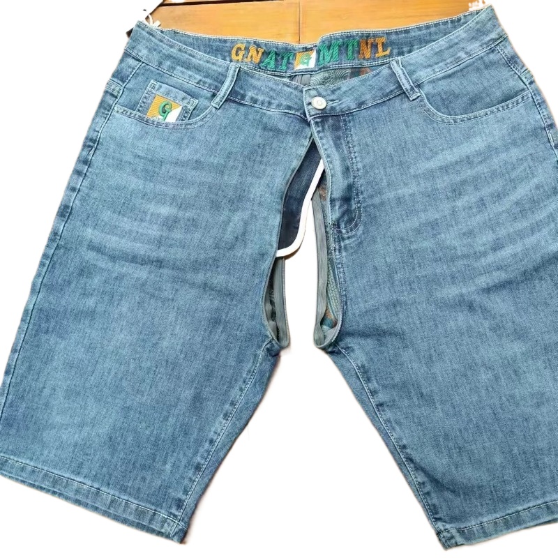 メンズデニムショートパンツ目に見えないジッパーオープンパンツ夏薄いハイエンド弾性ルーズストレートプリント薄型5点ミディアムパンツ