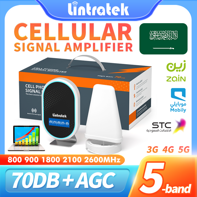 Lintratek セルラーアンプ 5 バンド B20 B8 B3 B1 B7 セルラー信号増幅器 5G 4G ワイヤレスリピータ AGC 内蔵アンテナキット